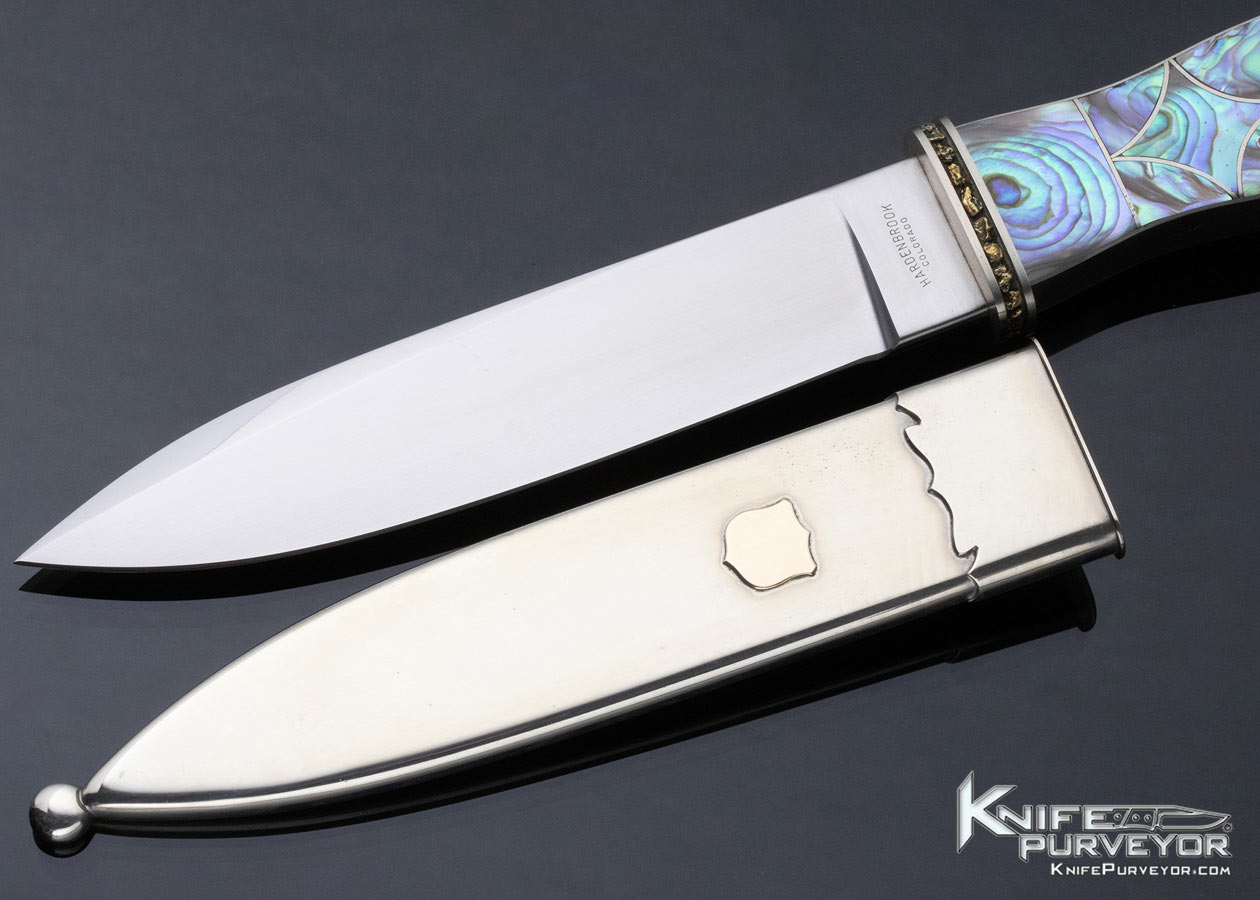 Jim-Hardenbrook-Custom-Knife-Mother-of-Pearl-and-Abalone-Steel-Wrapped-California-Dagger-with-Gold-Nuggets-Set-into-the-Guard-12841-open12841