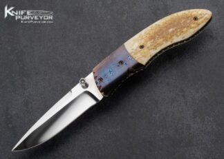 Roger Hatt Custom Knife Mammoth and Blued Damascus Linerlock 16074