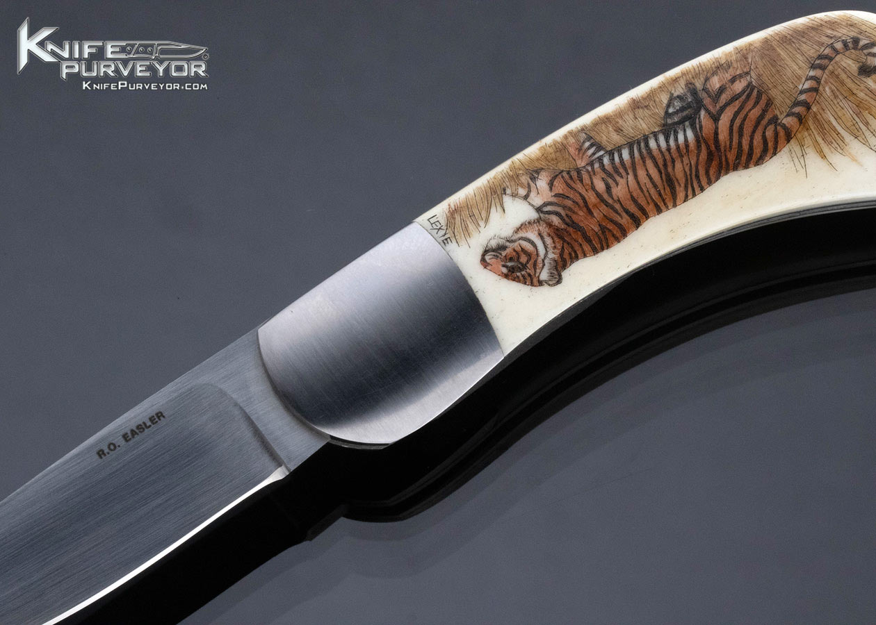 Russell Easler Custom Knife Scrimshawed by Lexie Drop Point Mastodon Scales Slip Joint - Image 2