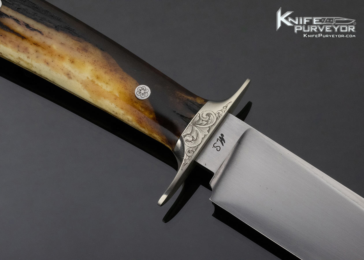 Steve Dunn Custom Knife Sole Authorship Engraved Amber Stag Bowie - Image 4
