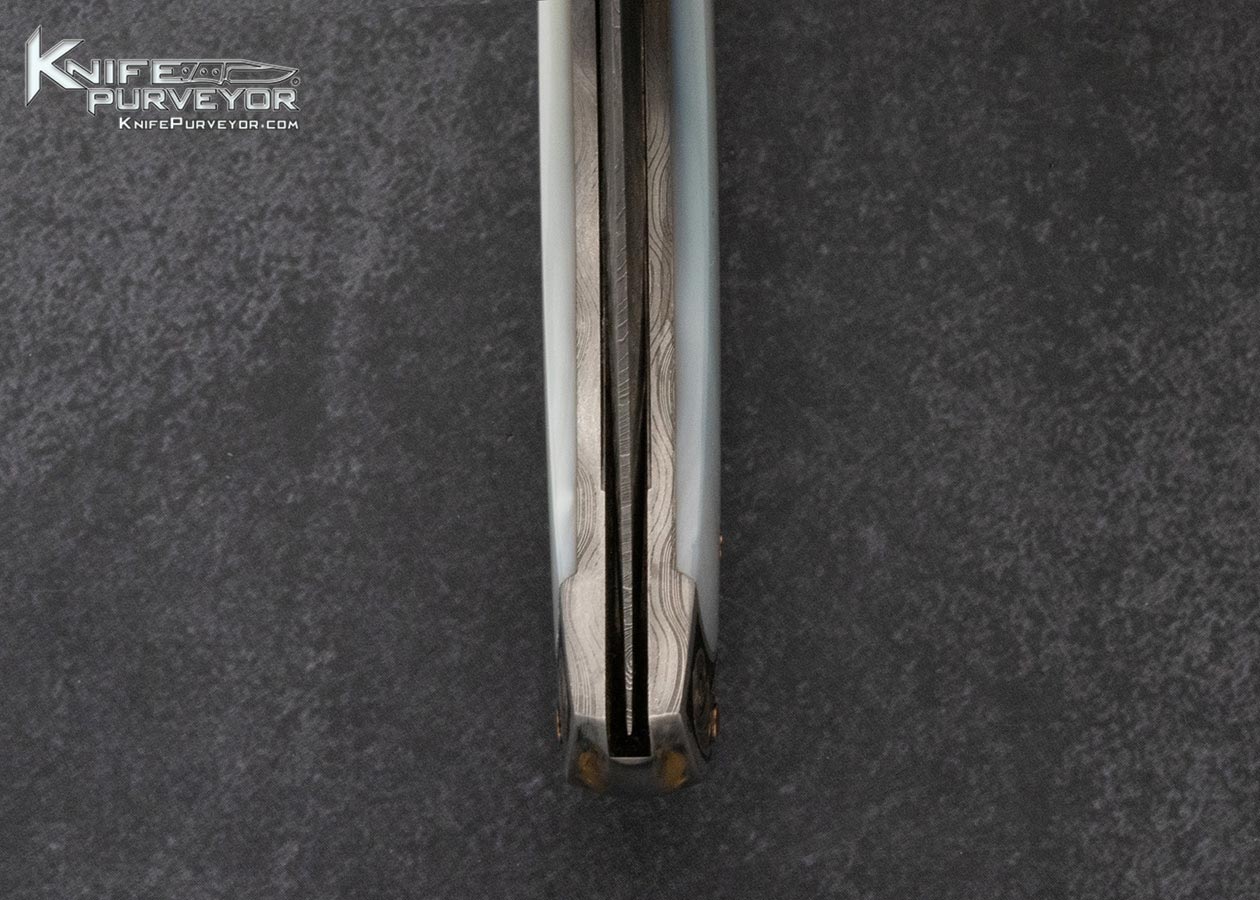 Tom Overeynder Custom Knife Jerry Rados Turkish Twist Damascus and Pearl Lockback Engraved by Joe Mason with 24Kt Gold Inlays - Image 7