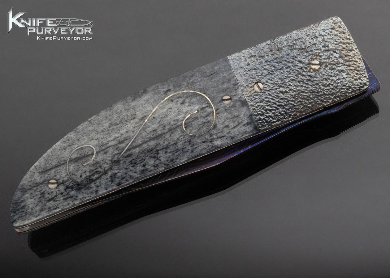 Andre Thorburn Custom Knife Blued Damascus Stippled Anodized Titanium Giraffe Bone with Silver Wire Inlays Linerlock Front Flipper - Image 3