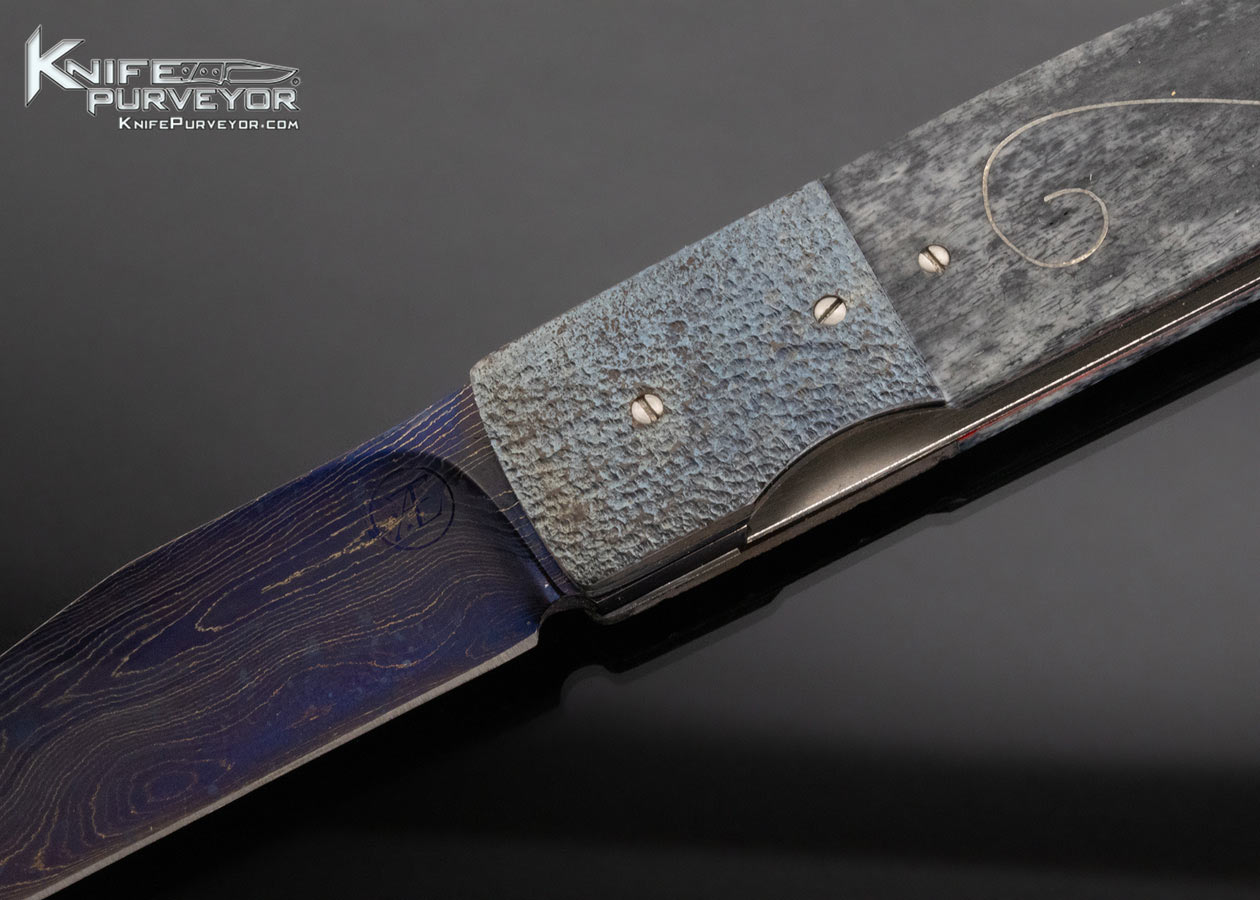 Andre Thorburn Custom Knife Blued Damascus Stippled Anodized Titanium Giraffe Bone with Silver Wire Inlays Linerlock Front Flipper - Image 2