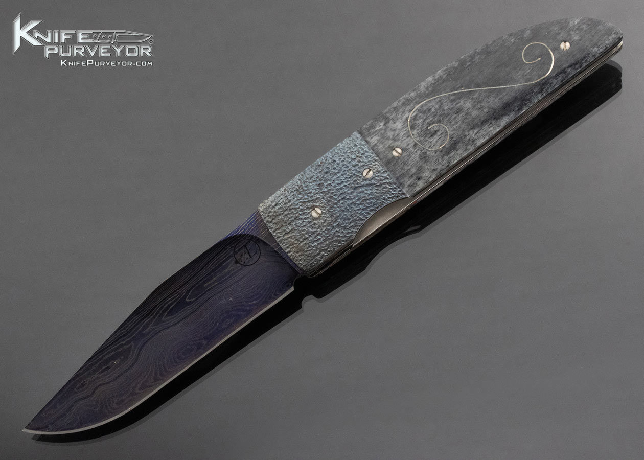 Andre Thorburn Custom Knife Blued Damascus Stippled Anodized Titanium Giraffe Bone with Silver Wire Inlays Linerlock Front Flipper 15045