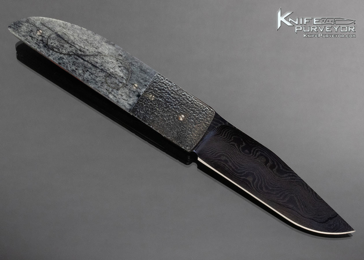 Andre Thorburn Custom Knife Blued Damascus Stippled Anodized Titanium Giraffe Bone with Silver Wire Inlays Linerlock Front Flipper - Image 4