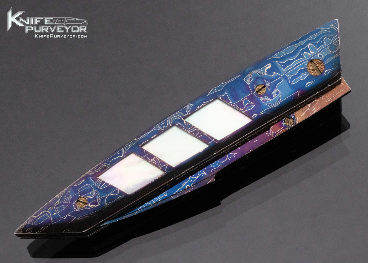 Barry Gallagher Custom Knife Sole Authorship Blued Damascus Linerlock with Black lip Pearl Shell Inlays - Image 3