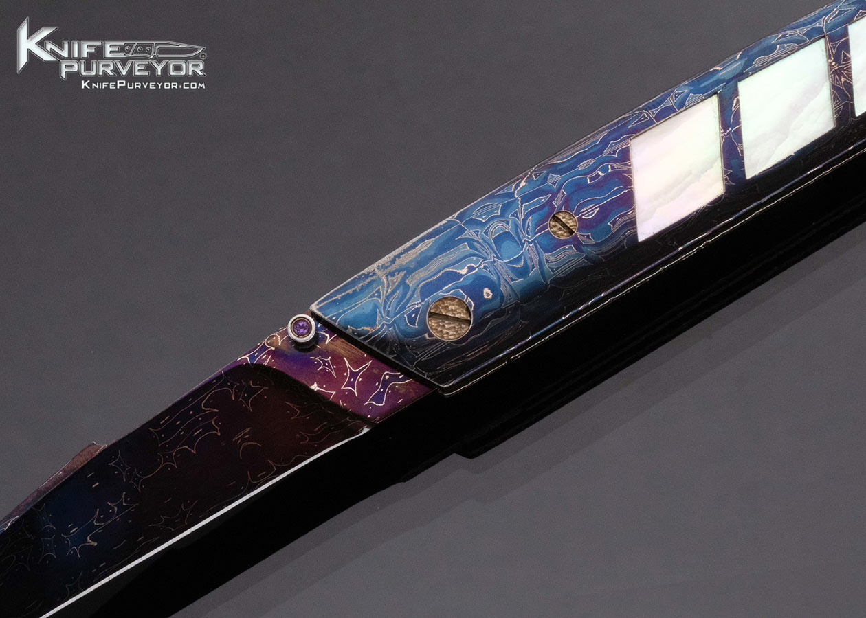 Barry Gallagher Custom Knife Sole Authorship Blued Damascus Linerlock with Pearl Shell Windows 16059