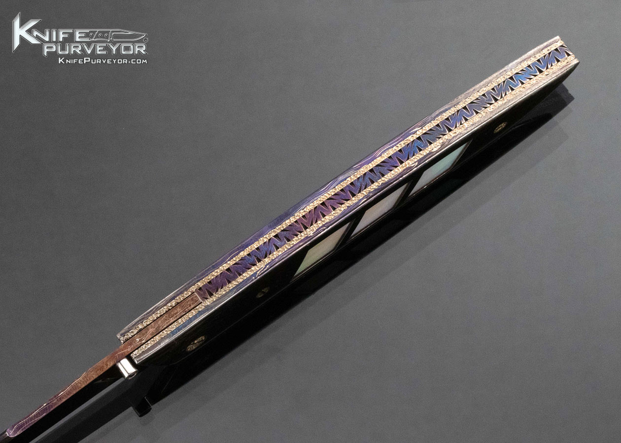 Barry Gallagher Custom Knife Sole Authorship Blued Damascus Linerlock with Black lip Pearl Shell Inlays - Image 4