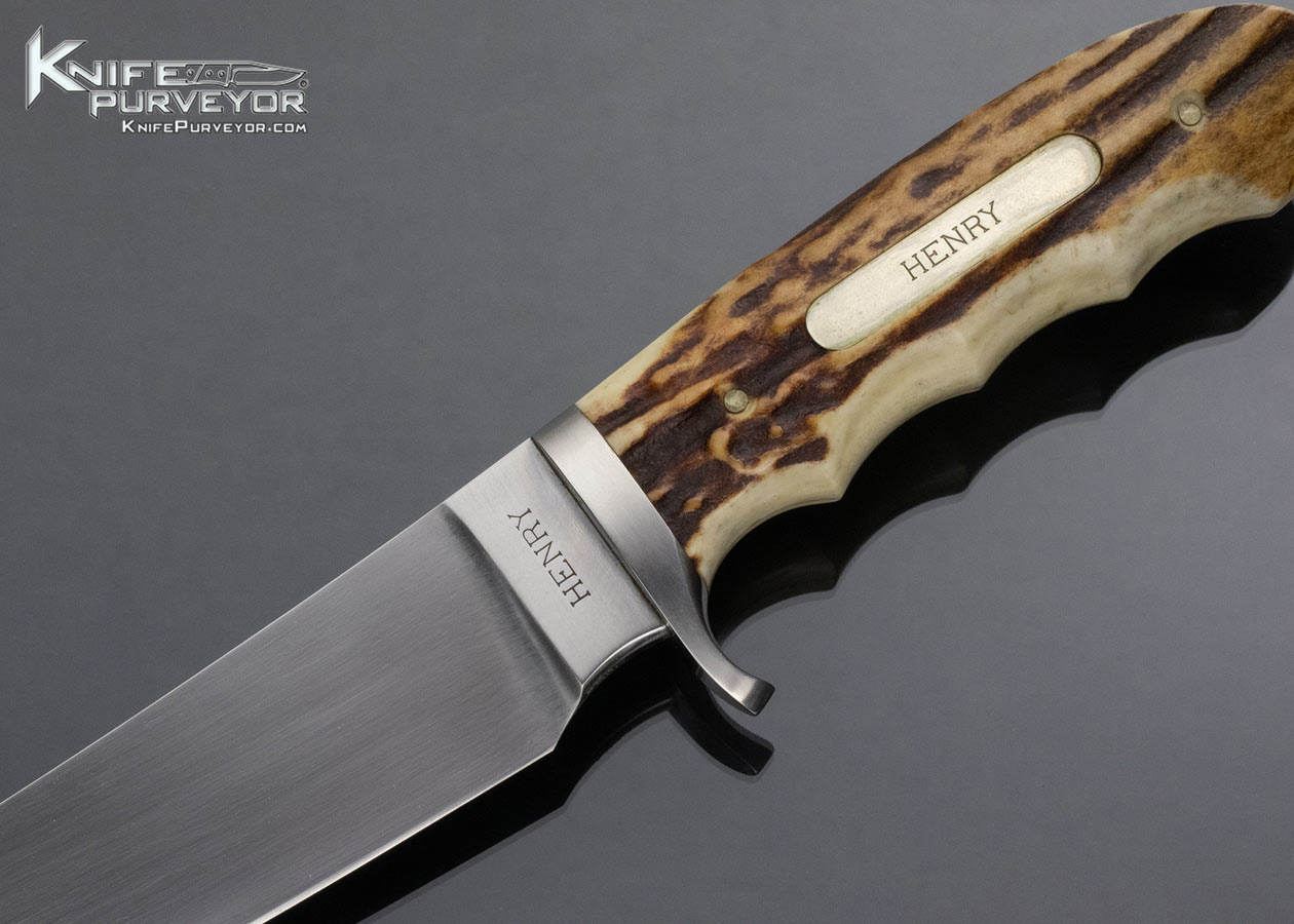 D.E. Henry Custom Knife Finger Grooved Stag Upswept Skinner with Sheath - Image 2