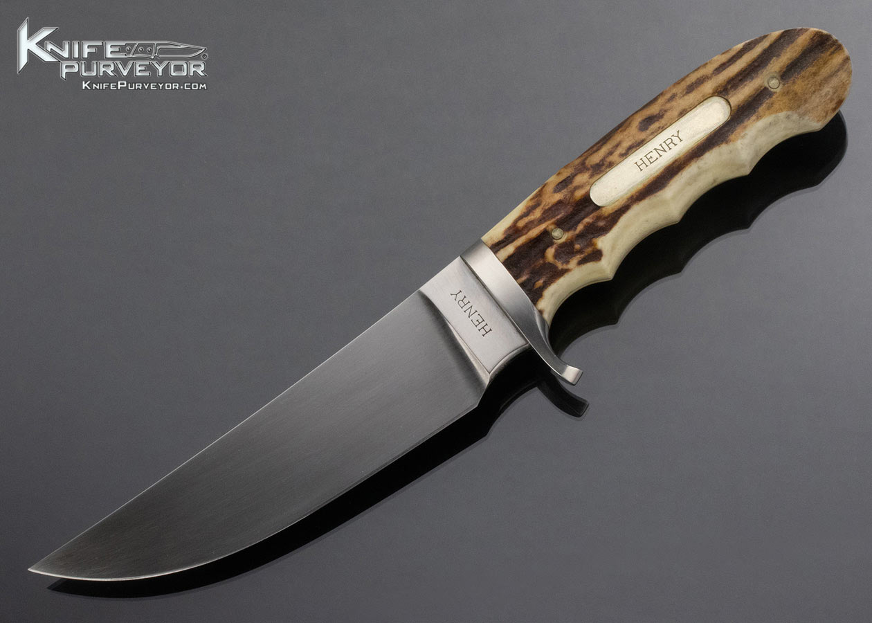 D.E. Henry Custom Knife Finger Grooved Stag Upswept Skinner with Sheath 15020