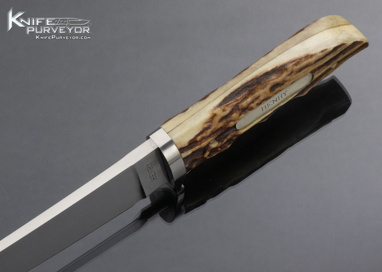D.E. Henry Custom Knife Finger Grooved Stag Upswept Skinner with Sheath - Image 4