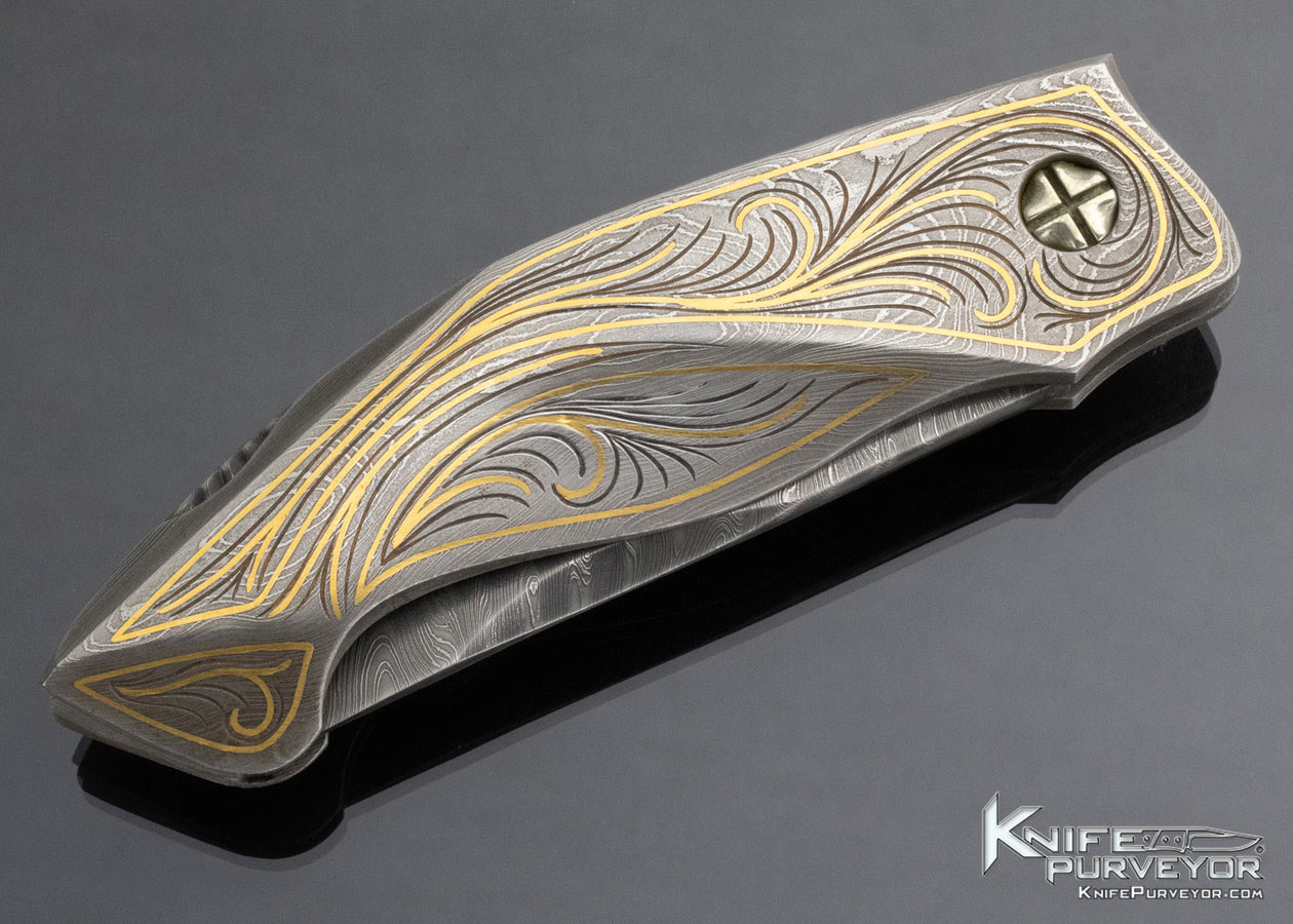David Broadwell Custom Knife Engraved Damascus Lockback with 24Kt Gold Inlays - Image 3
