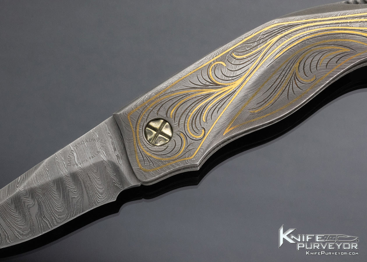 David Broadwell Custom Knife Engraved Damascus Lockback with 24Kt Gold Inlays - Image 2