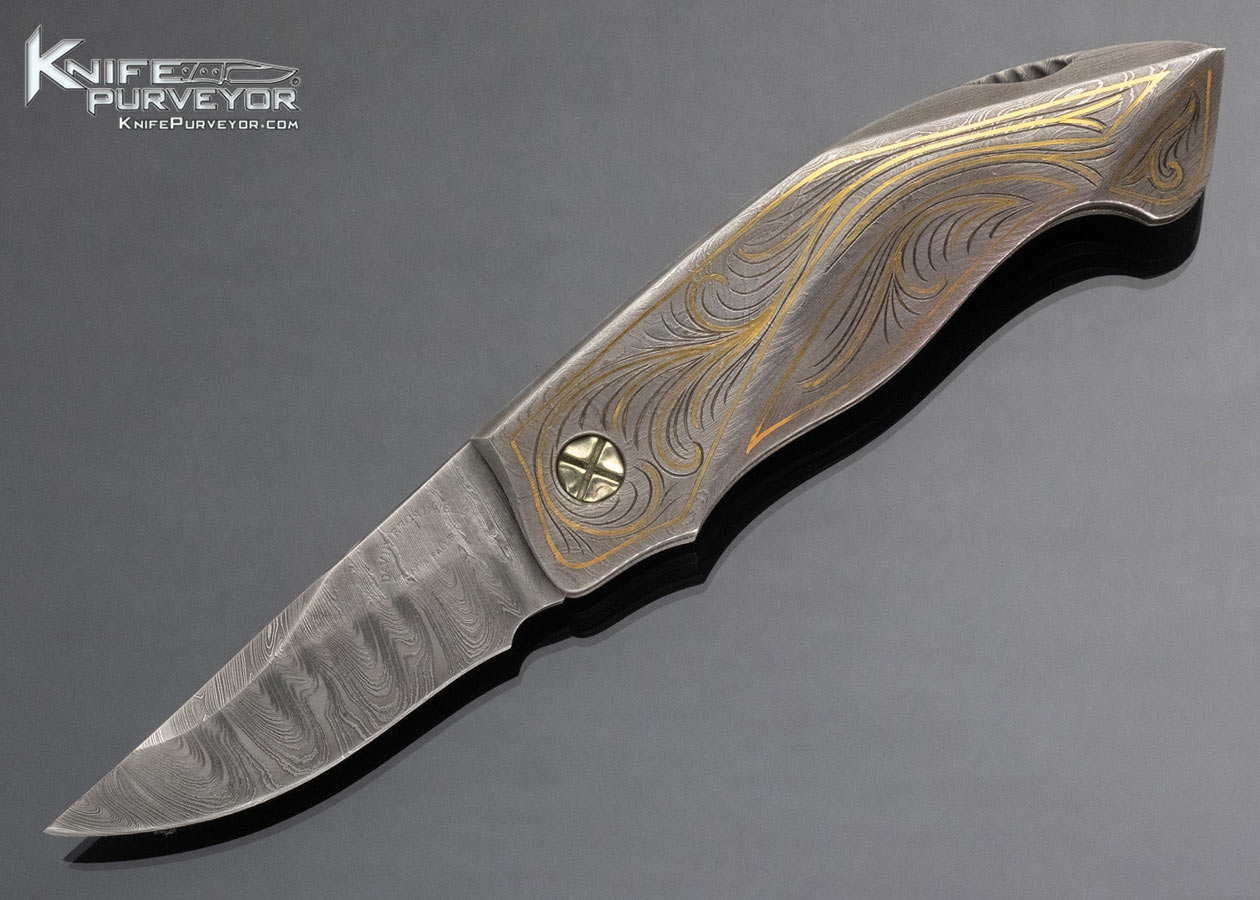 David Broadwell Custom Knife Engraved Damascus Lockback with 24Kt Gold Inlays 15000