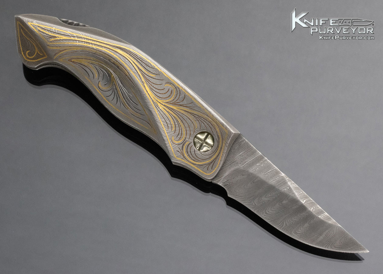 David Broadwell Custom Knife Engraved Damascus Lockback with 24Kt Gold Inlays - Image 4