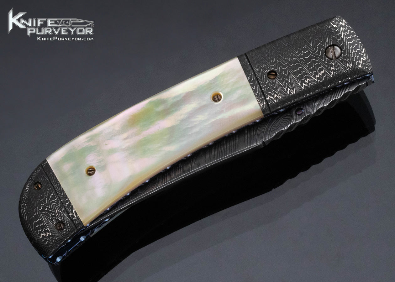 Don Hanson Custom Knife Sole Authorship Damascus and South Sea Gold Lip Pearl Linerlock - Image 4