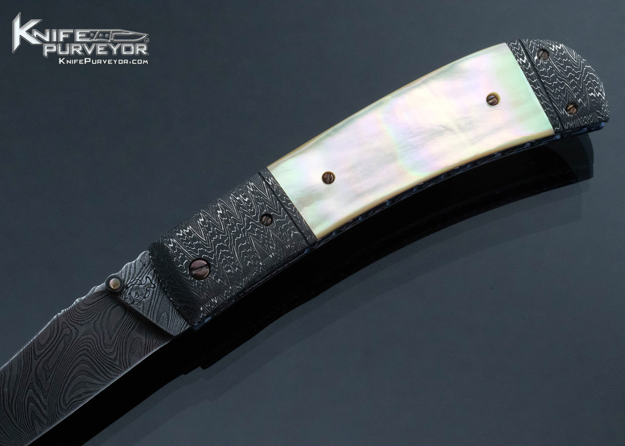 Don Hanson Custom Knife Sole Authorship Damascus and South Sea Gold Lip Pearl Linerlock - Image 2