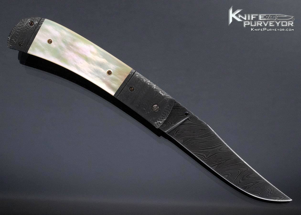 Don Hanson Custom Knife Sole Authorship Damascus and South Sea Gold Lip Pearl Linerlock - Image 3