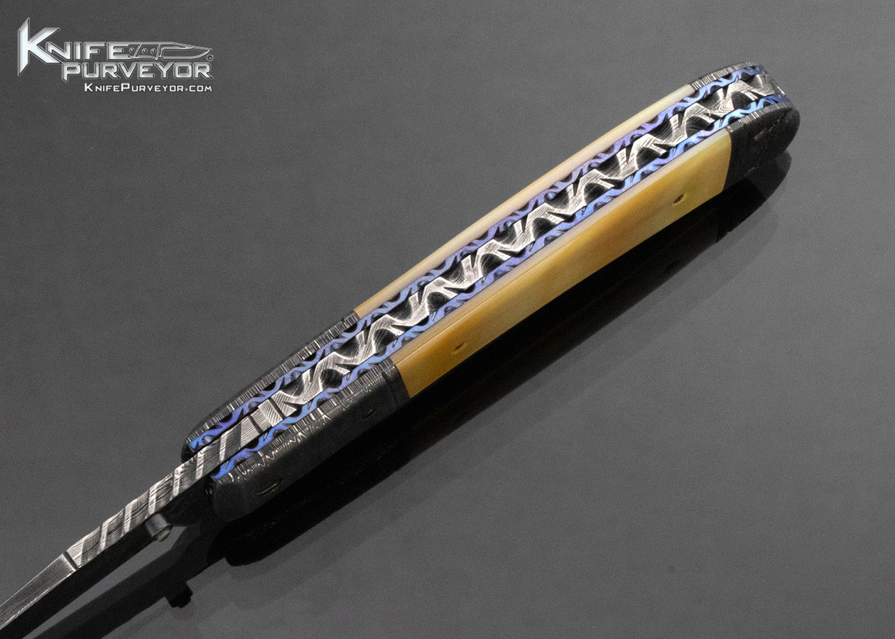 Don Hanson Custom Knife Sole Authorship Damascus and South Sea Gold Lip Pearl Linerlock - Image 6