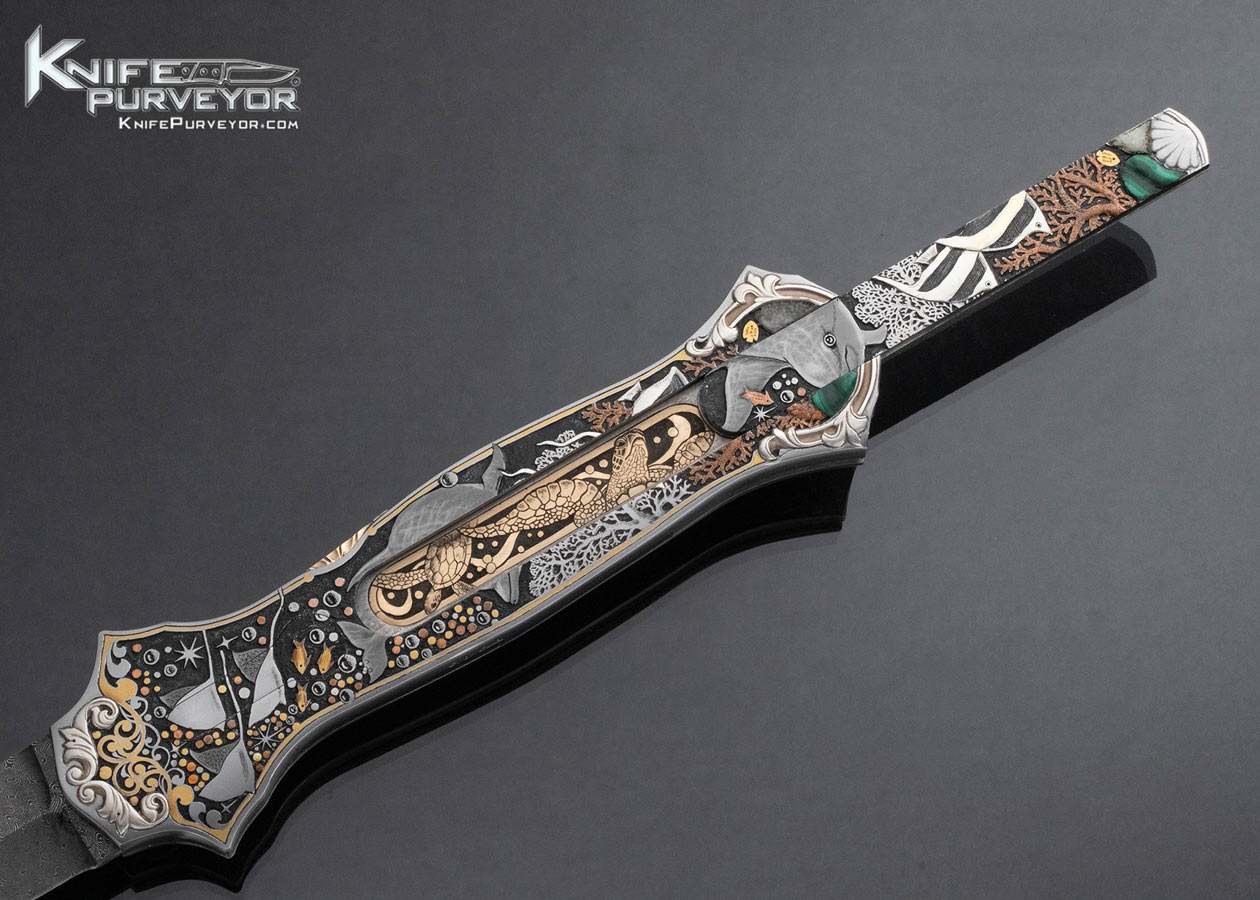Joe Kious Custom Knife Damascus Double Pocket Locket Automatic "Coral Reef" Engraved by C.J. Cai with 14Kt Gold Plates and Toothpick - Image 4