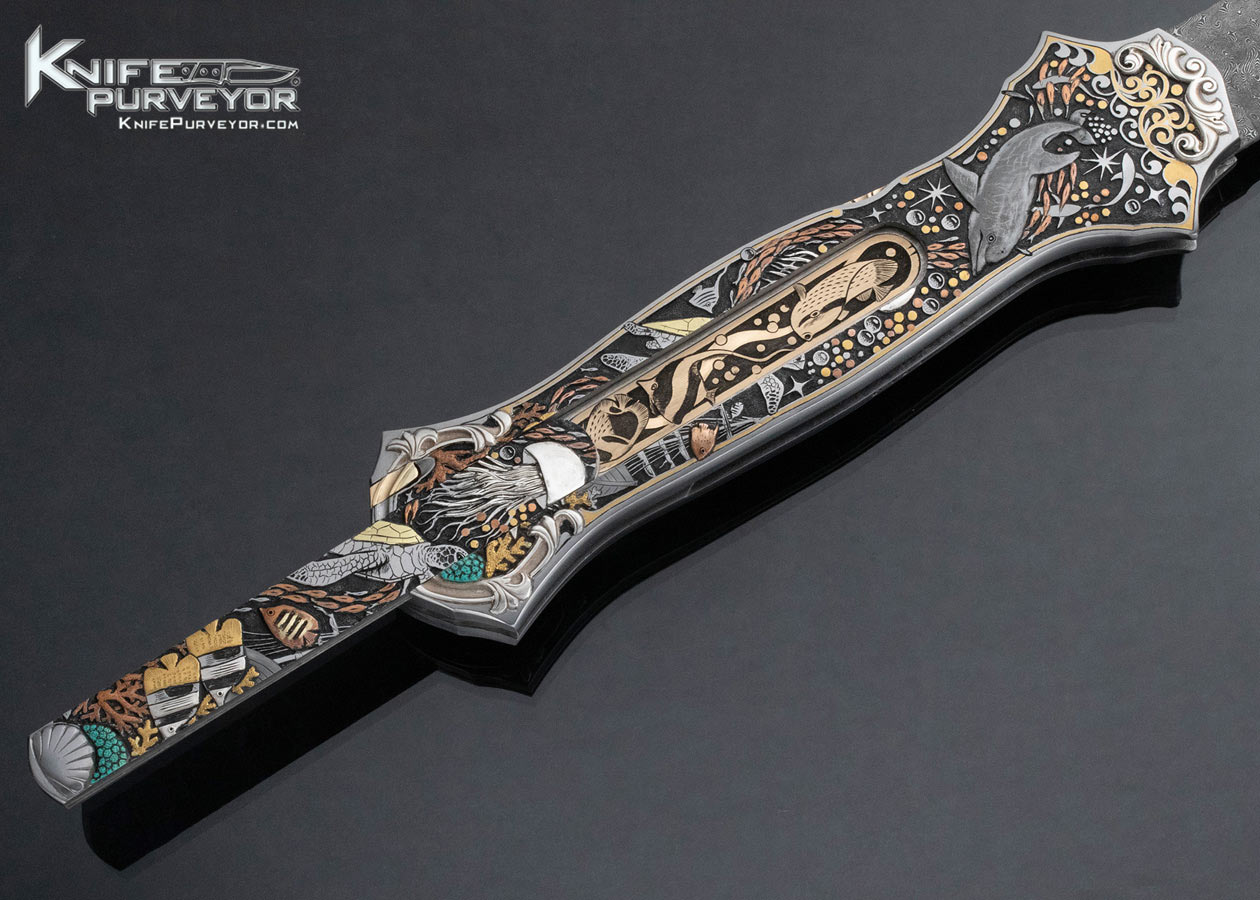 Joe Kious Custom Knife Damascus Double Pocket Locket Automatic "Coral Reef" Engraved by C.J. Cai with 14Kt Gold Plates and Toothpick - Image 3