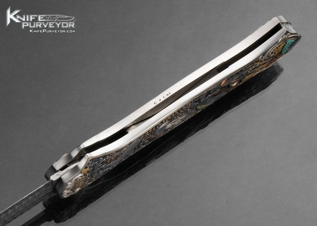 Joe Kious Custom Knife Damascus Double Pocket Locket Automatic "Coral Reef" Engraved by C.J. Cai with 14Kt Gold Plates and Toothpick - Image 8