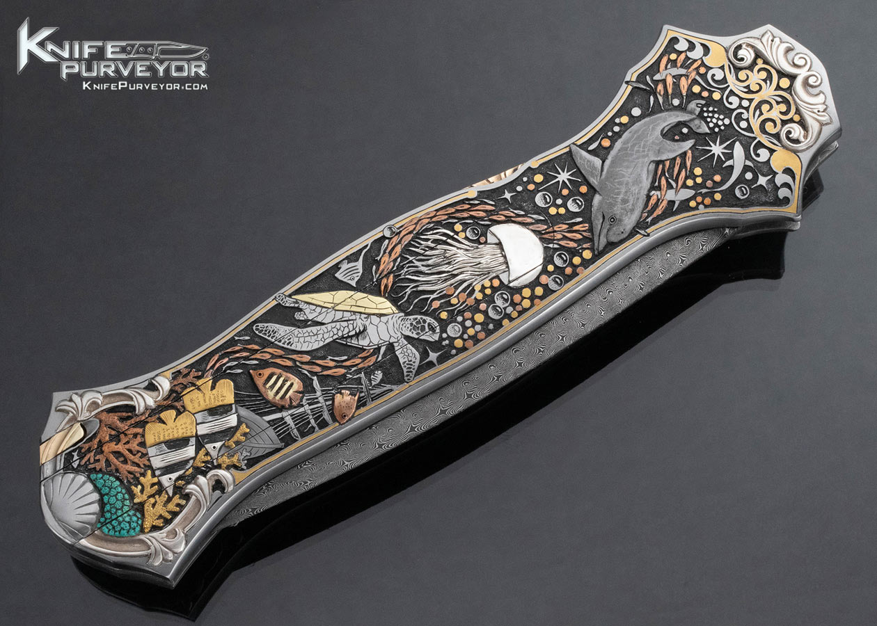 Joe Kious Custom Knife Damascus Double Pocket Locket Automatic "Coral Reef" Engraved by C.J. Cai with 14Kt Gold Plates and Toothpick - Image 6
