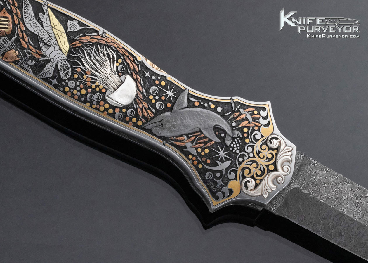 Joe Kious Custom Knife Damascus Double Pocket Locket Automatic "Coral Reef" Engraved by C.J. Cai with 14Kt Gold Plates and Toothpick - Image 2