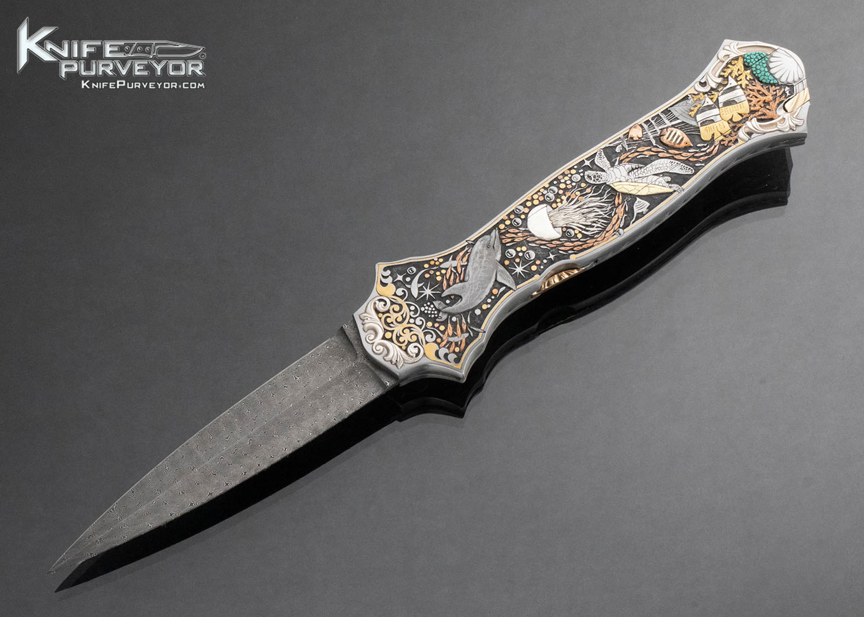 Joe Kious Custom Knife Damascus Double Pocket Locket Automatic "Coral Reef" Engraved by C.J. Cai with 14Kt Gold Plates and Toothpick 16233