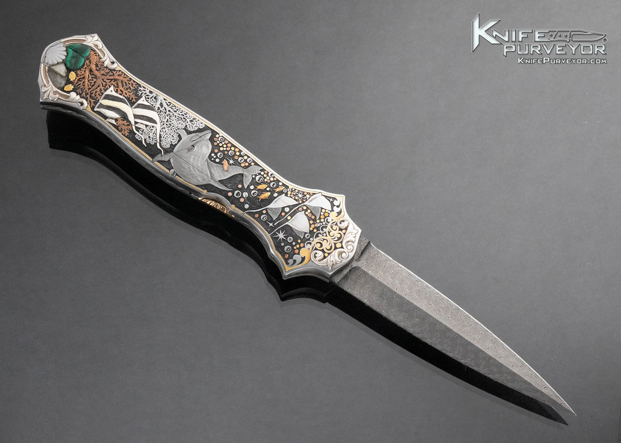 Joe Kious Custom Knife Damascus Double Pocket Locket Automatic "Coral Reef" Engraved by C.J. Cai with 14Kt Gold Plates and Toothpick - Image 5