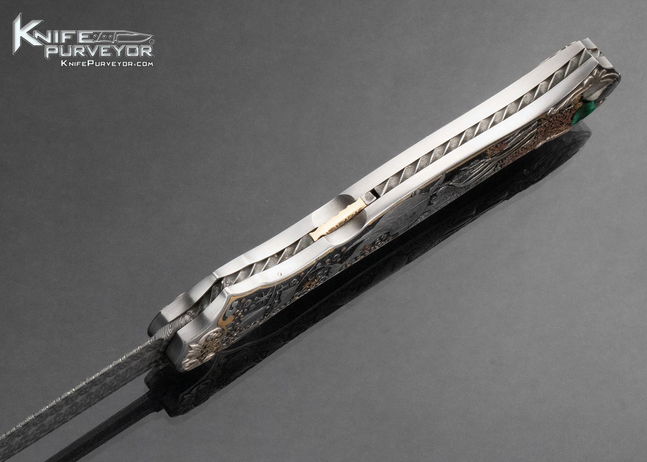 Joe Kious Custom Knife Damascus Double Pocket Locket Automatic "Coral Reef" Engraved by C.J. Cai with 14Kt Gold Plates and Toothpick 16233