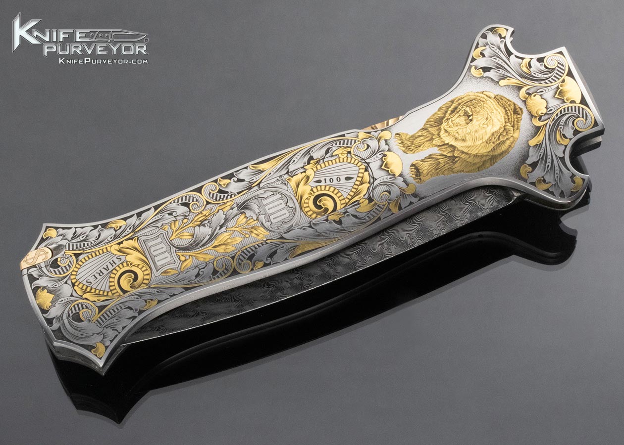 Joe Kious Custom Knife Ray Cover Jr. Engraved Bulls and Bear Double Pocket Locket Automatic Lockback - Image 3