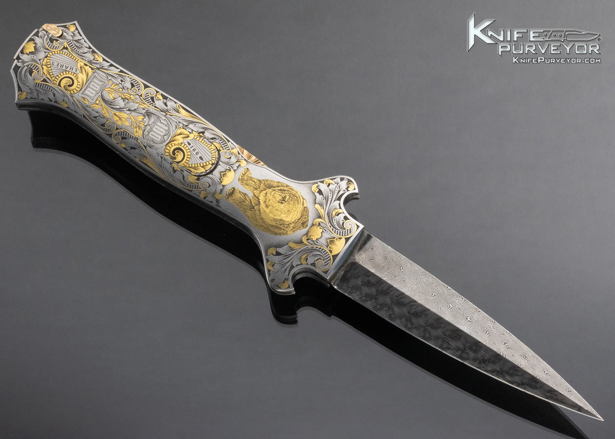 Joe Kious Custom Knife Ray Cover Jr. Engraved Bulls and Bear Double Pocket Locket Automatic Lockback - Image 4