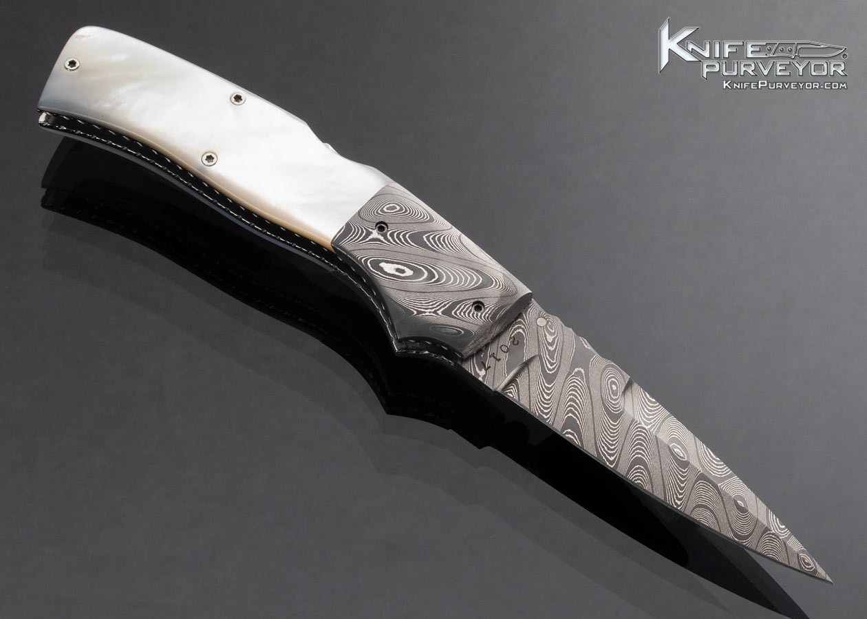 Charlie Dake Custom Knife Damascus and Mother of Pearl Double Action Automatic Lockback - Image 3