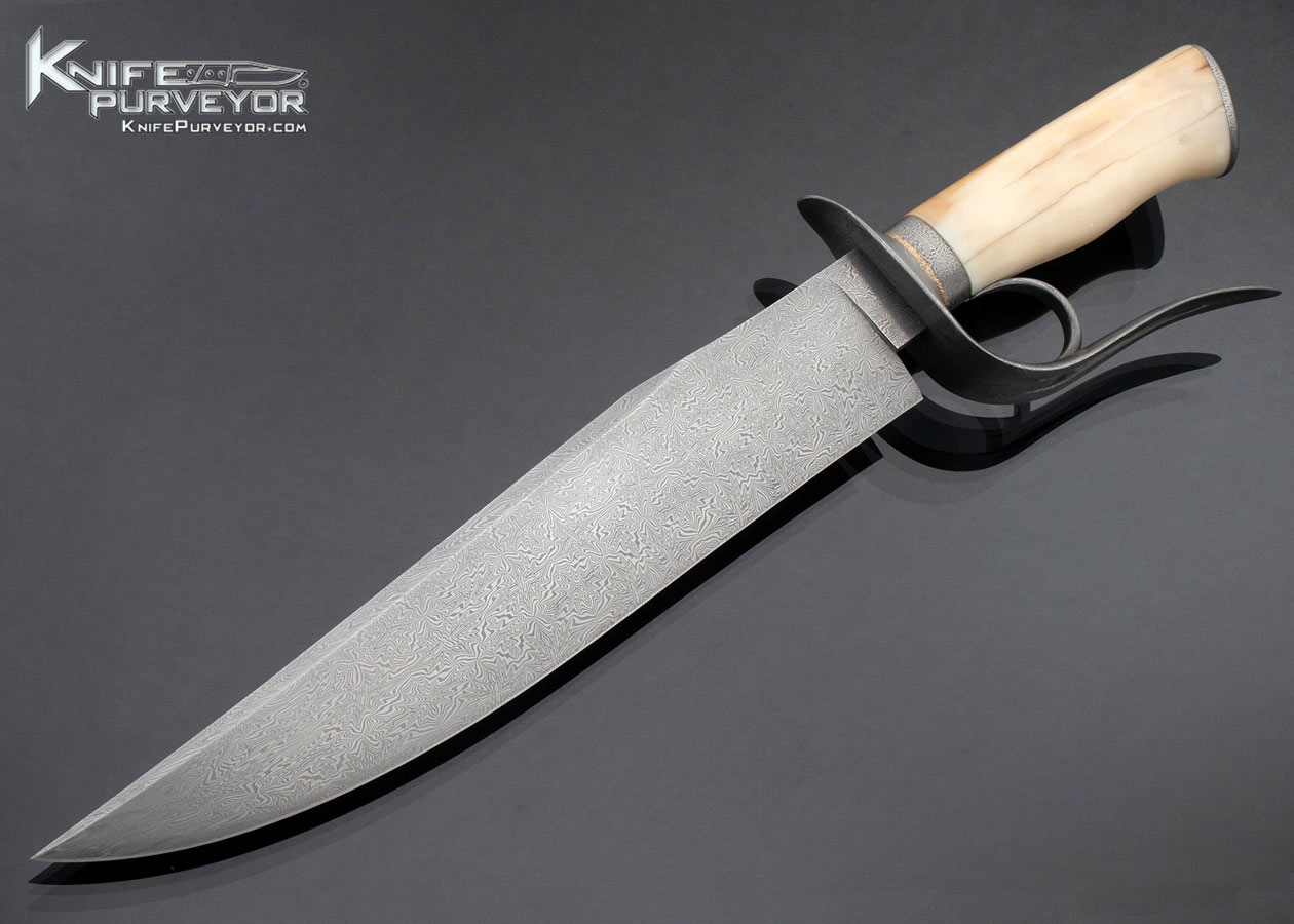 David Lisch Custom Knife Sole Authorship Mosaic Damascus and Fossil Walrus Split Ring Bowie 16435