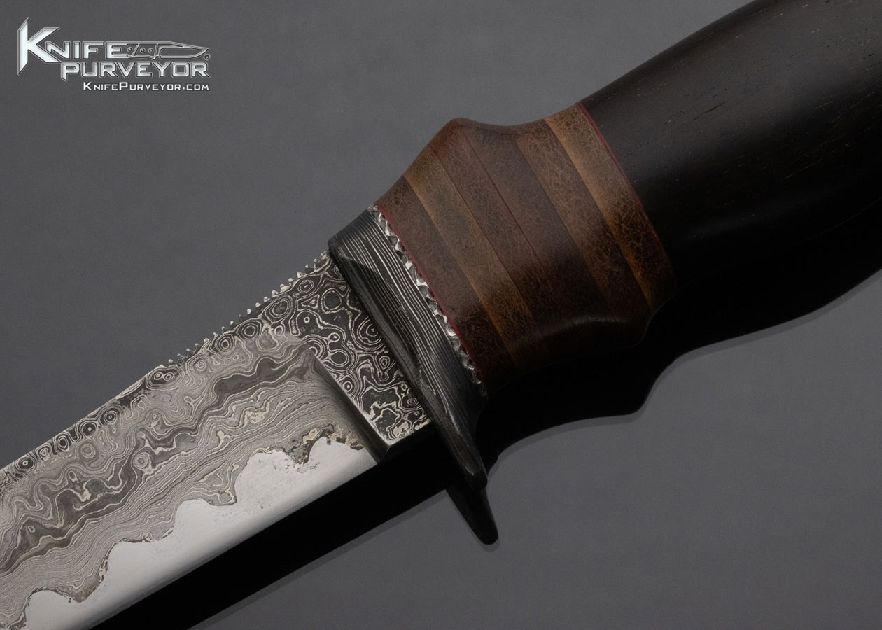 Machida Custom Knife San Mai Damascus African Blackwood and Leather Wrapped Chute Knife with Sheath - Image 2