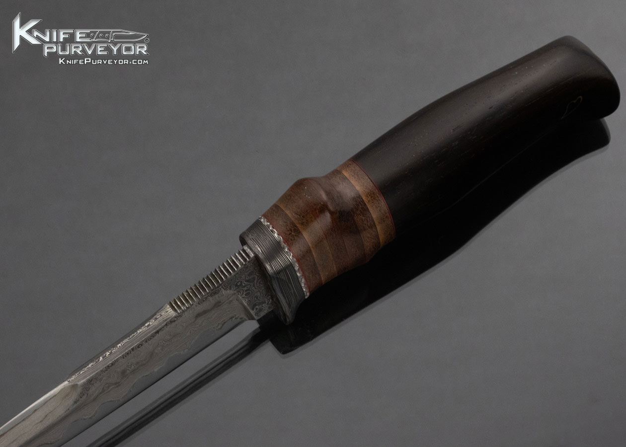Machida Custom Knife San Mai Damascus African Blackwood and Leather Wrapped Chute Knife with Sheath - Image 4