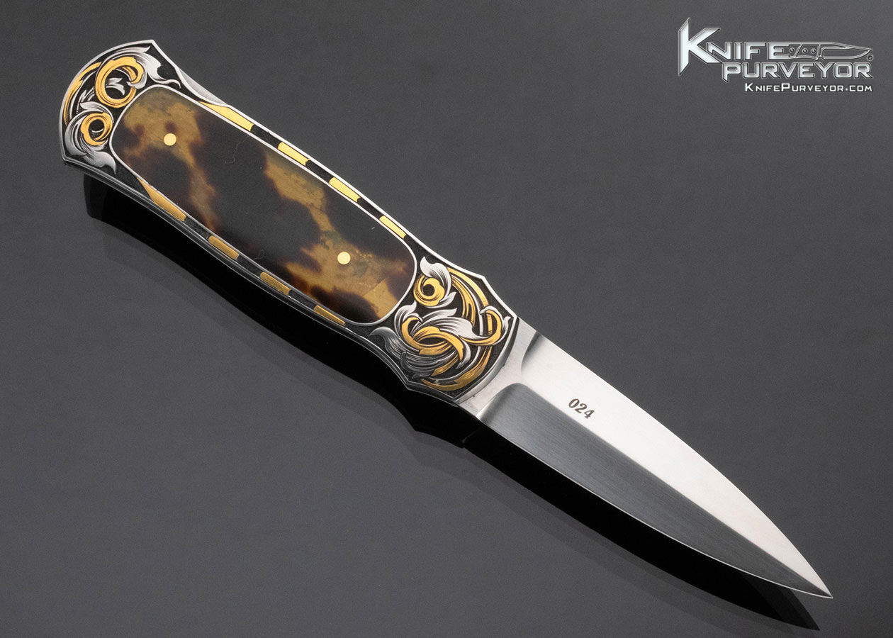 Warren Osborne Custom Knife Amber Interframe Lockback Engraved by Tim George with 24Kt Gold Inlays - Image 3