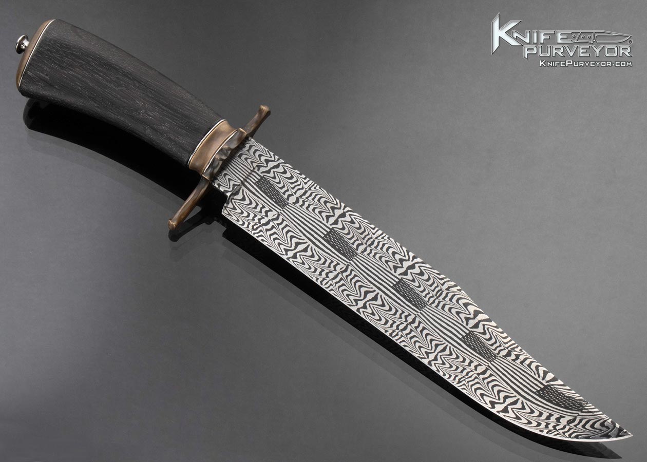 Jacco Van de Bruinhorst Custom Knife Sole Authorship Mosaic Damascus Stars and Stripes Take Down Bowie with Bog Oak and Bronze and Stainless Fittings - Image 3