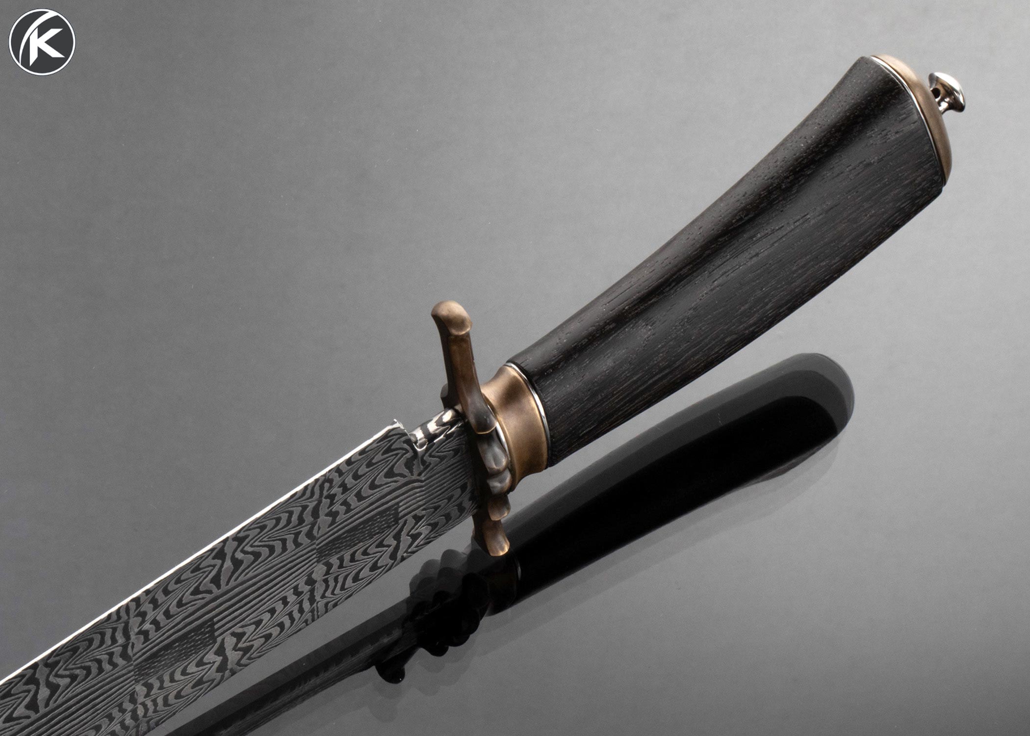 Jacco Van de Bruinhorst Custom Knife Sole Authorship Mosaic Damascus Stars and Stripes Take Down Bowie with Bog Oak and Bronze and Stainless Fittings - Image 6