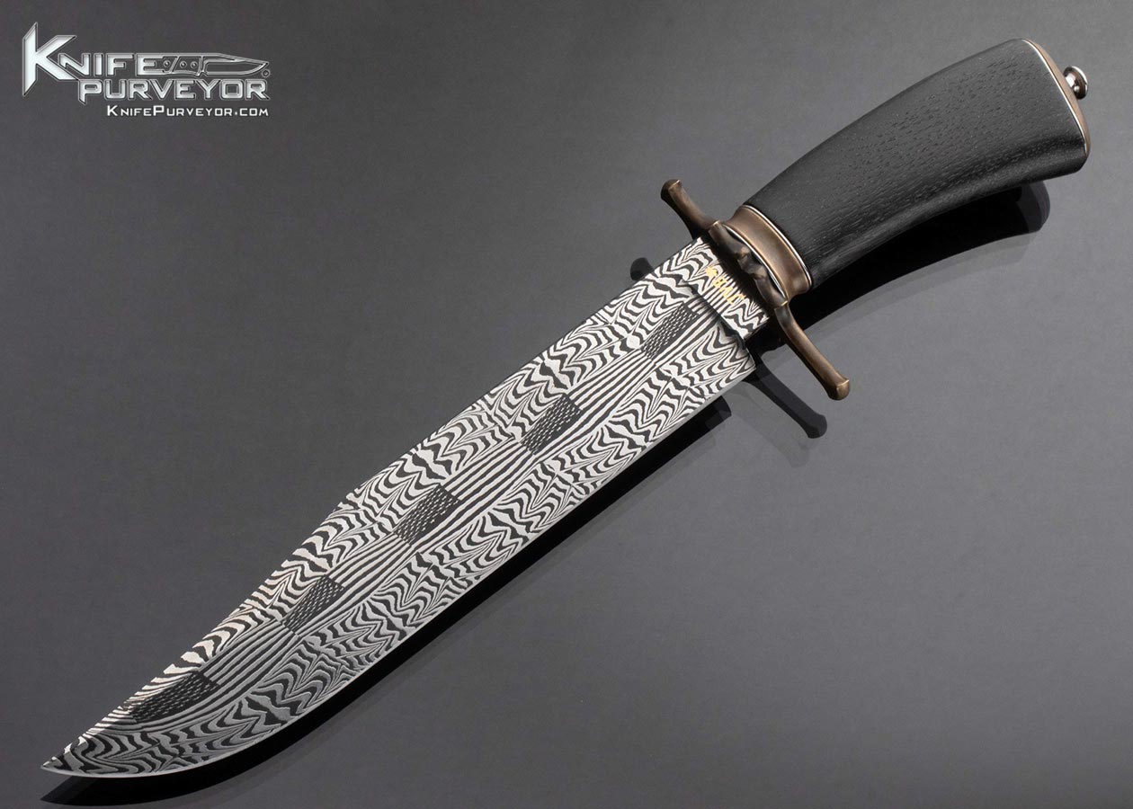 Jacco Van de Bruinhorst Custom Knife Sole Authorship Mosaic Damascus Stars and Stripes Take Down Bowie with Bog Oak and Bronze and Stainless Fittings 16536