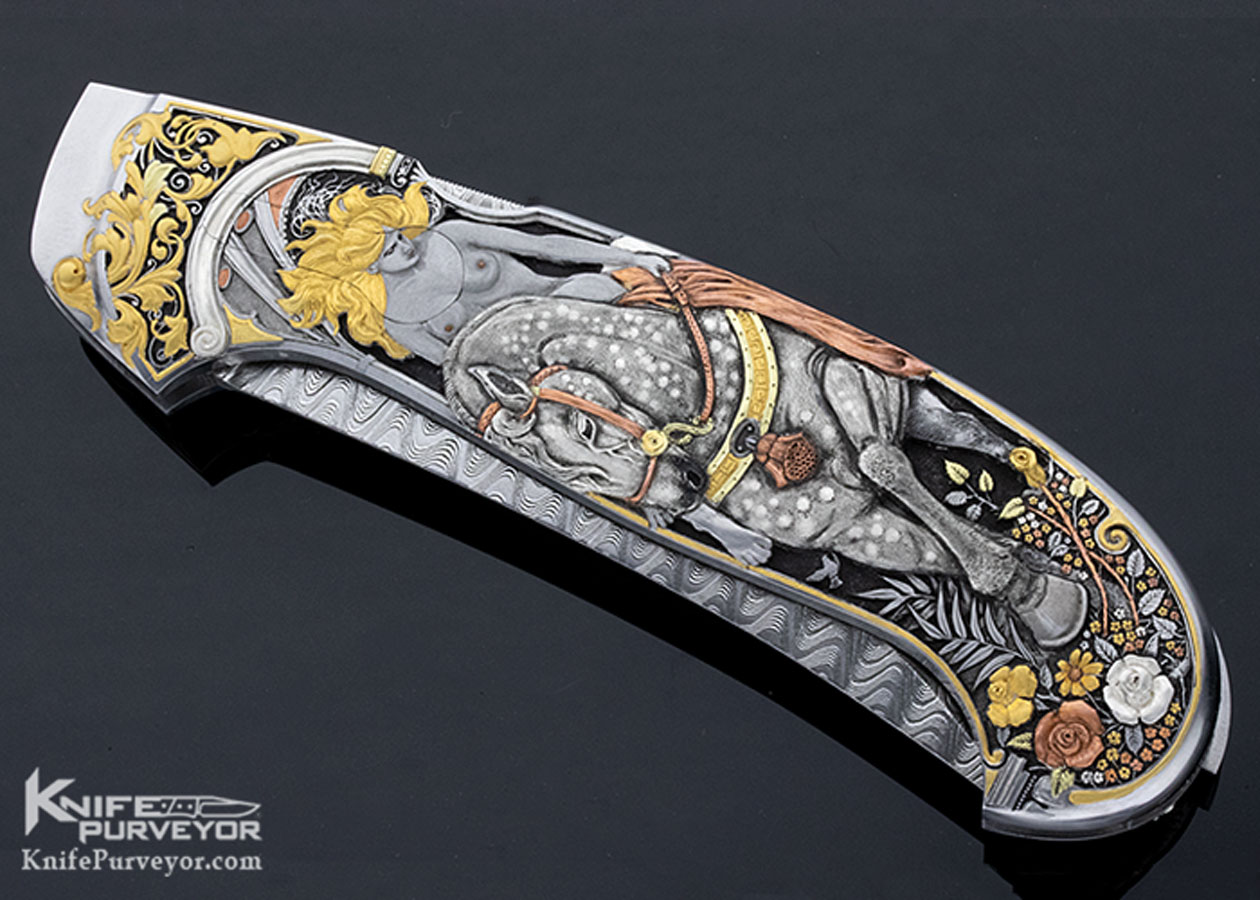 Joe Kious Custom Knife Single Pocket Locket Persian Automatic Lockback "Lady Godiva" Engraved by C.J. Cai 16501