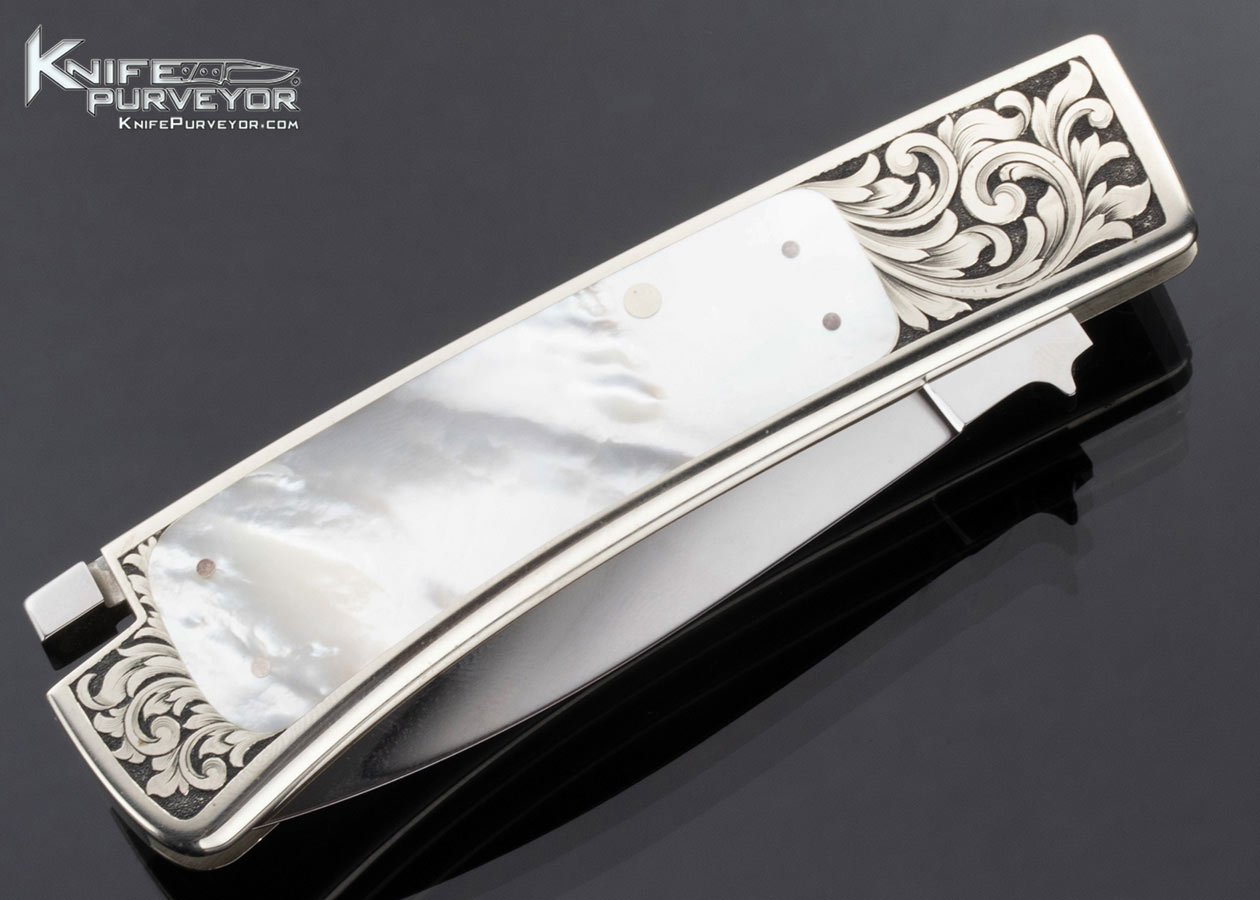 Ron Lake Custom Knife Mother of Pearl Interframe Boot Blade Tail Lock Engraved by Lynton McKenzie - Image 3