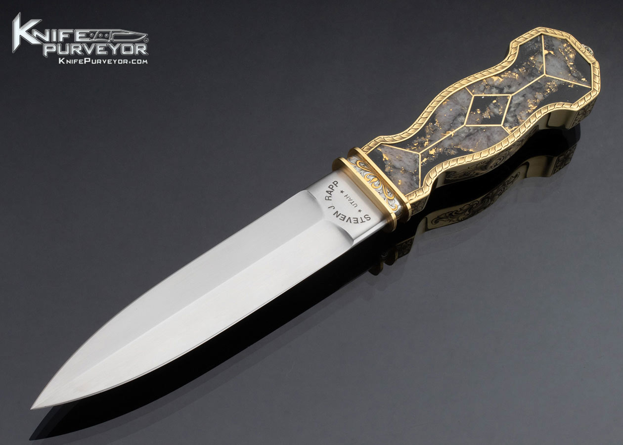 Steven Rapp Custom Knife 18Kt Gold Wrapped Gold Quartz Gold Rush Dagger Engraved by Julie Warenski with 24Kt Gold Inlays 16498