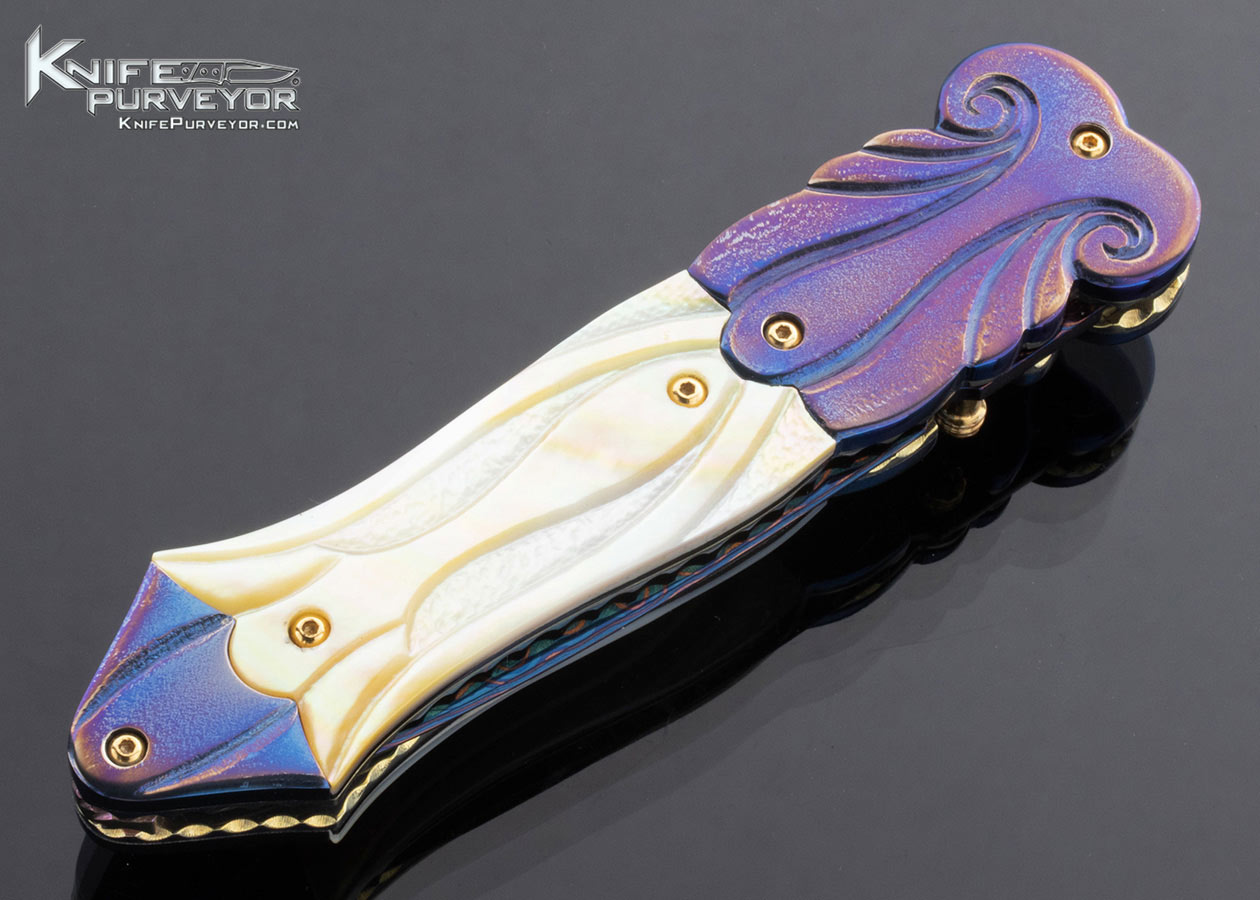 Suchat Jangtanong Custom Knife Blued Damascus Carved and Stippled Anodized Titanium with Carved South Sea Gold Lip Pearl - Image 3