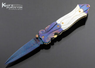 Suchat Jangtanong Custom Knife Blued Damascus Carved and Stippled Anodized Titanium with Carved South Sea Gold Lip Pearl 16467