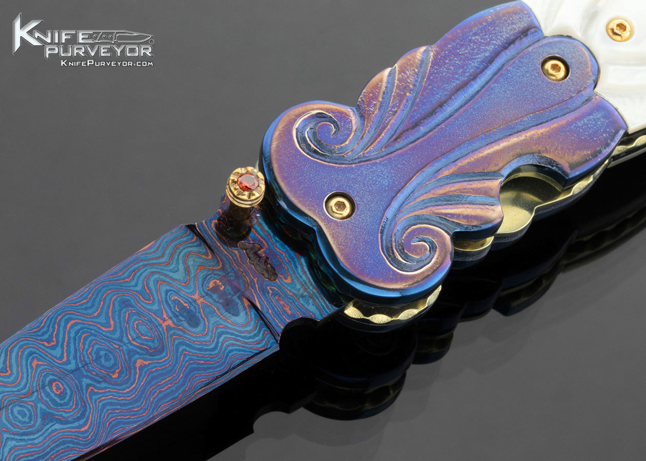 Suchat Jangtanong Custom Knife Blued Damascus Carved and Stippled Anodized Titanium with Carved South Sea Gold Lip Pearl - Image 2