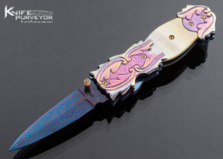 Suchat Jangtanong Custom Knife Blued Damascus, Carved and Stippled Anodized Titanium with South Sea Gold Lip Pearl Liner Lock Dagger 16468