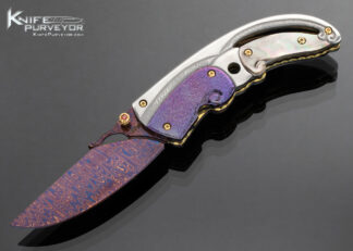 Suchat Jangtanong Custom Knife Blued Damascus, Carved and Stippled Anodized Titanium with Black Lip Tahitian Pearl Liner Lock 16465