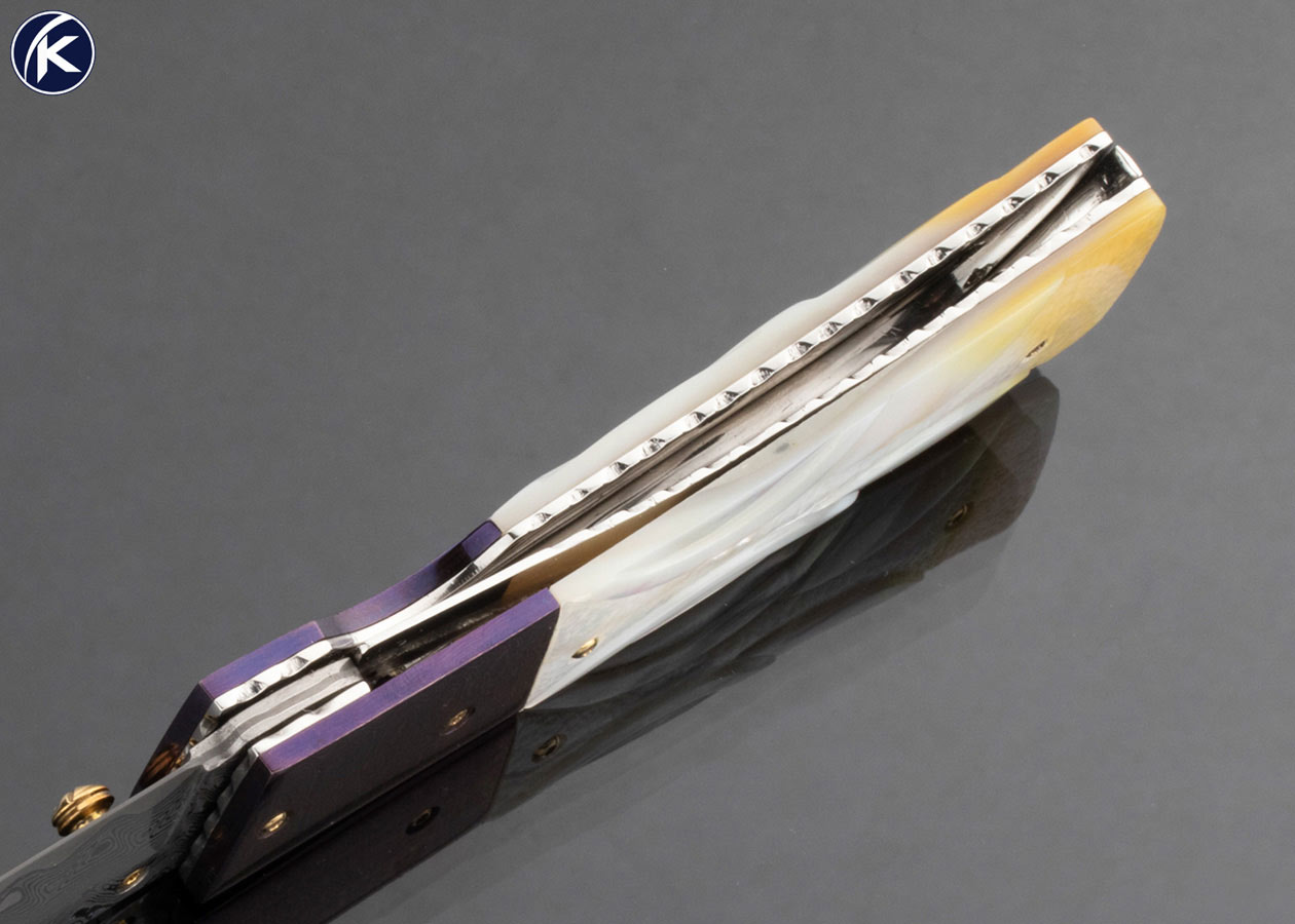 Suchat Jangtanong Custom Knife Damascus Timascus and Carved South Sea Gold Lip Pearl Liner Lock - Image 6